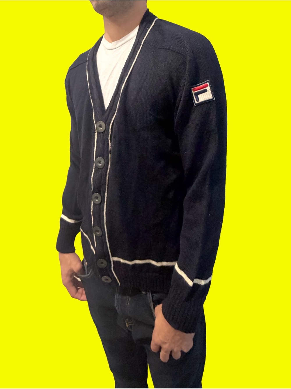 VINTAGE Fila Men's Navy Button-Up Cardigan with White Trim